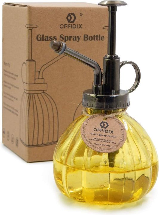 OFFIDIX Yellow Glass Watering Can Indoor, 6.3" Tall Vintage Style with Bronze Plastic Top Pump One Hand Spray Bottle-VerdiqueGarden