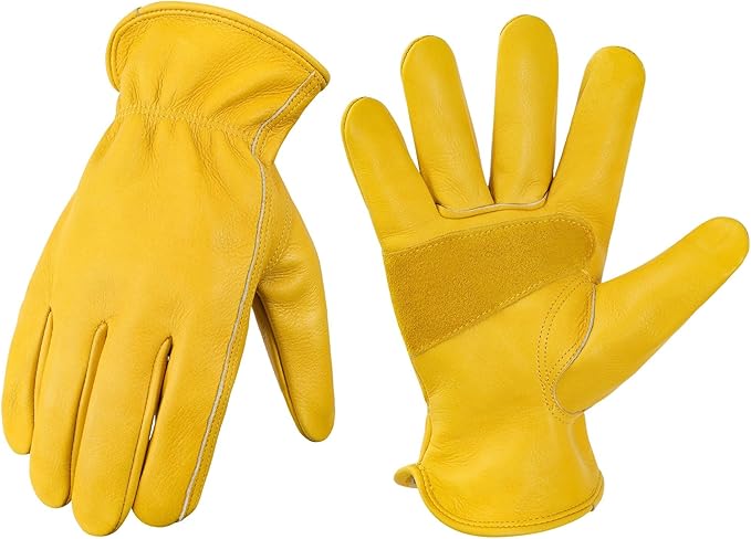 DULFINE Leather Work Gloves for Men & Women, Reinforced Durable Gardening Gloves,Cowhide Work Gloves,Puncture & Cut Resistant-VerdiqueGarden