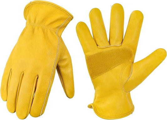 DULFINE Leather Work Gloves for Men & Women, Reinforced Durable Gardening Gloves,Cowhide Work Gloves,Puncture & Cut Resistant-VerdiqueGarden