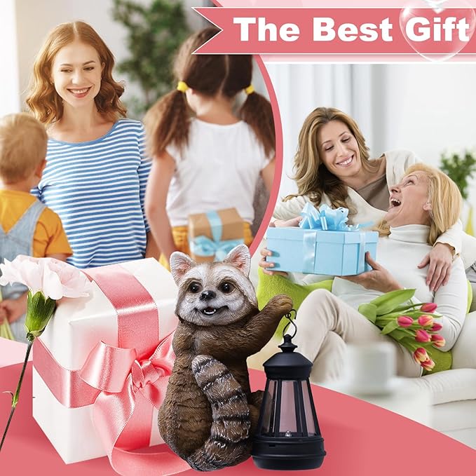 Raccoon Tree Hungger with Solar Lantern - 7.4 Inch Raccoon Outdoor Statue for Garden Yard Decor Outside,Best Garden Gifts for Mom,Women-VerdiqueGarden