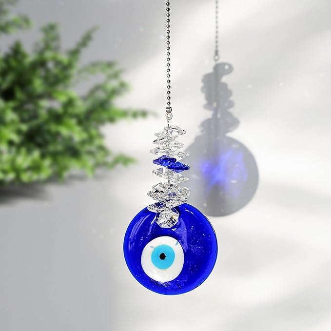 Blue Glass Evil Eye Talisman with Crystal Beads - Good Luck Charm, Home, Office, Car Decoration, Blessing Ornament, Reflects Negative Energy-VerdiqueGarden