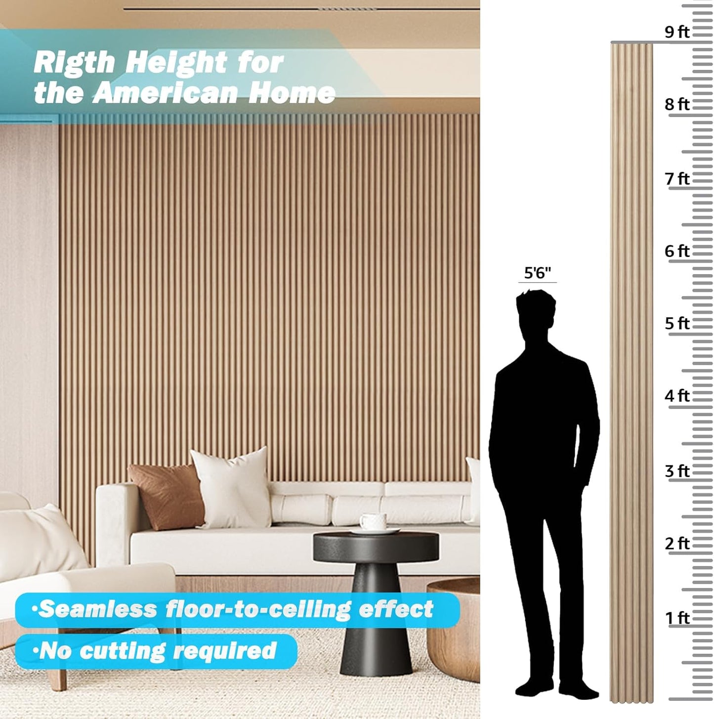 Art3d Fluted Wood Panel for Wall and Ceiling, Beaded Accent molding for Home Decoration, Pack of 4pcs + 1pc End-Trim, Size 108 x 5.7in.- Beaded Ashtree-VerdiqueGarden