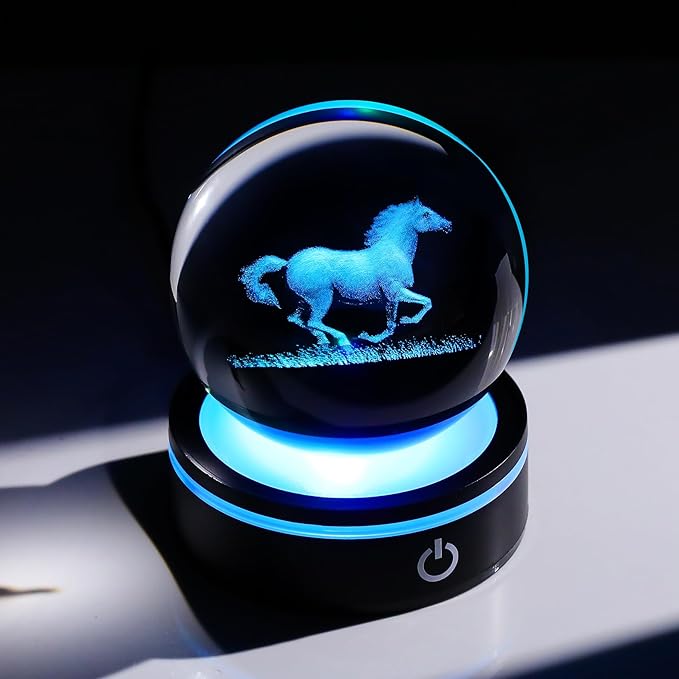 YWHL 3D Crystal Ball Horse Figurine with LED Base, Horse Gifts for Men Women Horse Lovers on Christmas Birthday, Horse Statue Glass Sphere Animal Decorative Ball for Home Decor (80mm)-VerdiqueGarden