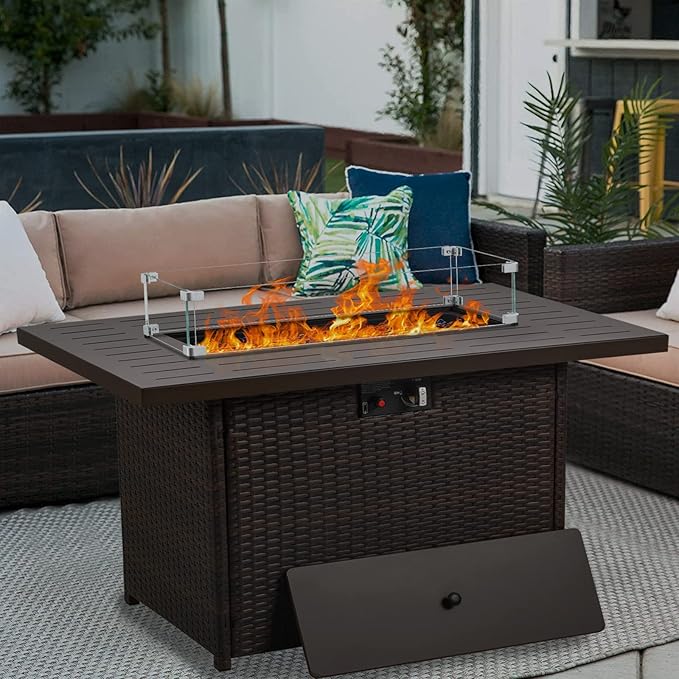 Propane Fire Pit Table,44 Inch 55000 BTU Outdoor Gas Fire Pit Rectangular with Glass Wind Guard for Outside Patio Deck (Brown-Aluminum Top)-VerdiqueGarden