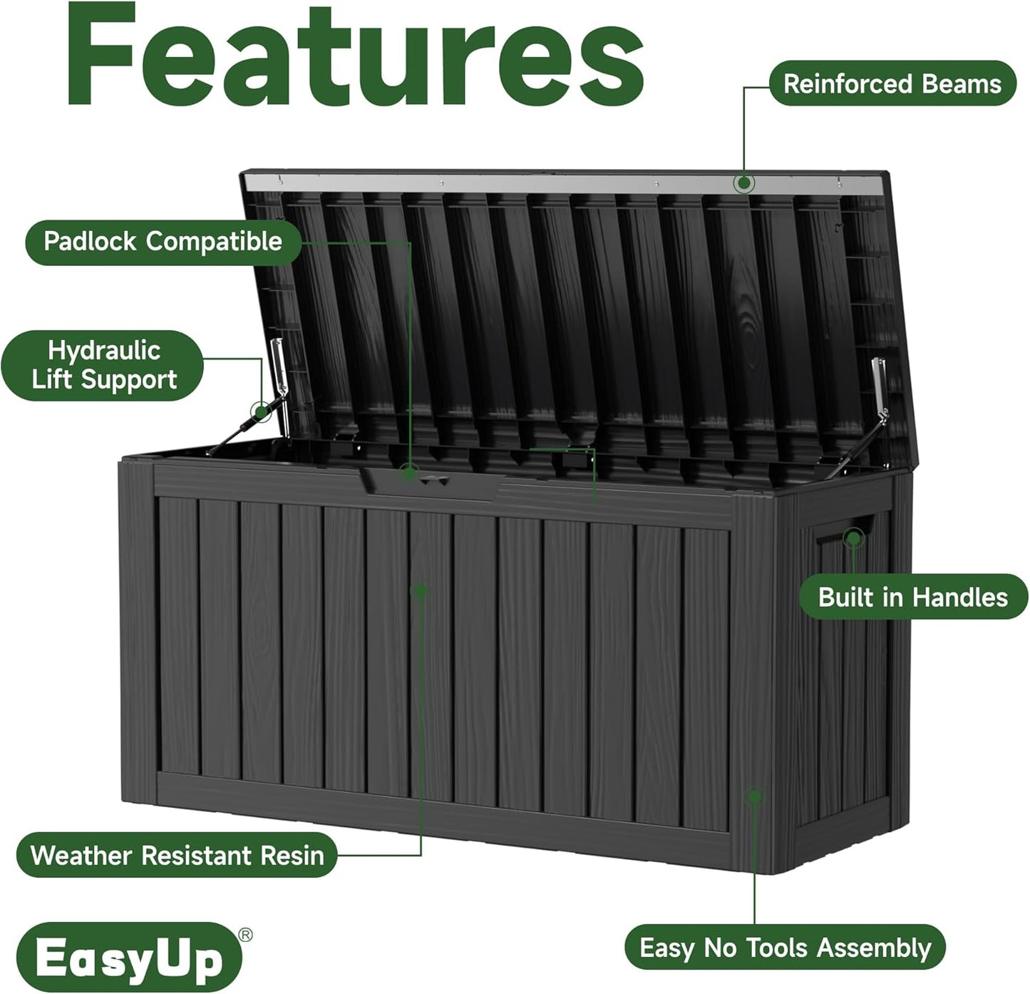 80 Gallon Outdoor Storage Box Waterproof, UV Resistant Resin Deck Box with Hydraulic Rod, Reinforced Stability for Patio, Garden, Striped Black-VerdiqueGarden