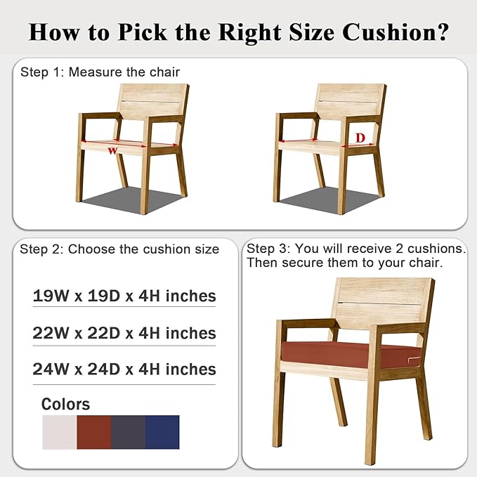 Outdoor Chair Cushions Set of 2 for Patio Furniture 19x19x4 Inch Waterproof Patio Chair Cushion 3 Year Color Fastness Square Elastic Foam Garden Sofa Couch Pads with Ties and Handle,Spice-VerdiqueGarden