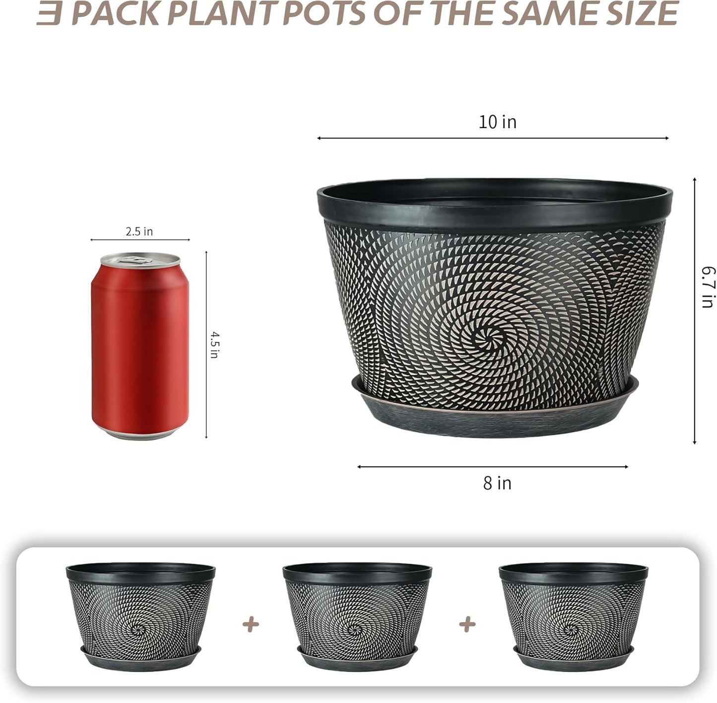 Quarut 10 Inch Flower Pots for Outdoor Indoor, 3 Pack Plastic Plant Pots with Drainage Hole & Tray, Modern Decorative Garden Pot with Saucer, planters for House (Black Copper)-VerdiqueGarden