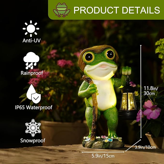 Solar Frog Garden Decor with Lantern Outdoor Statue for Patio Pathway Frog Figurine for Yard Decoration Lawn Ornament Gardening Gifts for Women Mom Grandma-VerdiqueGarden