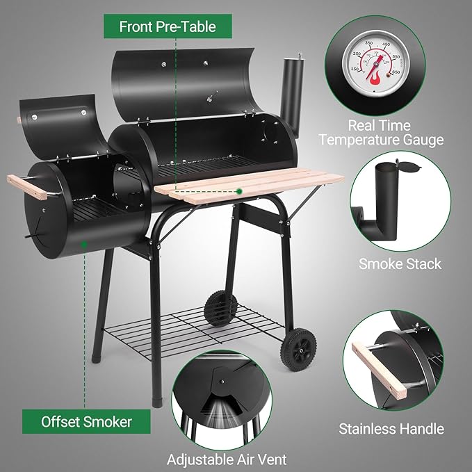 Outvita BBQ Charcoal Grill, Outdoor Patio Barbecue Cooker with Offset Smoker, Wheels and Tray for Balcony Picnics, Party and Camping-VerdiqueGarden