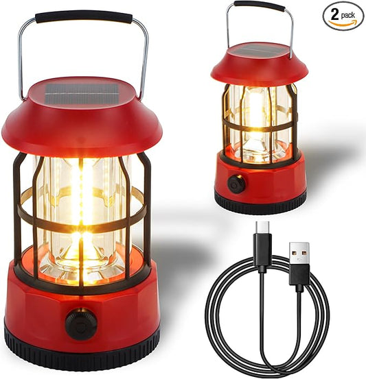 TRIROCKS Set of 2 LED Solar Camping Lantern Dimmable Rechargeable Lantern IPX3 Water-Resistant Portable Emergency Lights Outdoor Camping Lights for Camping Home Power Outage Hurricane Hiking (Red)-VerdiqueGarden