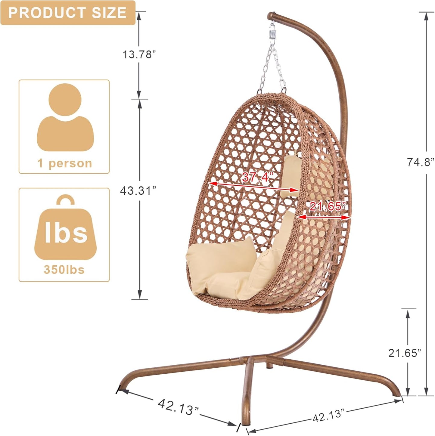 Indoor Hanging Chair with Stand for Bedroom, Hexagon Rattan Wicker Swing Egg Chair for Bedroom Porch Garden Patio Outdoor, Hammock Egg Swing Chair with Cushion,350LBS Capacity (Beige)-VerdiqueGarden