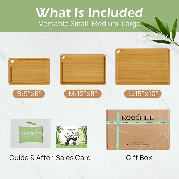 Wood Cutting Board for Kitchen - Reversible Bamboo Cutting Boards Gift Set of 3 with Juice Groove, Wooden Chopping Board for Meat, Fruit, Vegetables & Cheese (Pre Oiled, Natural)-VerdiqueGarden