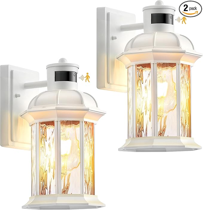 VIANIS 2-Pack Motion Sensor Outdoor Lights for House, White Garage Light Wall Mount Lantern, Modern Exterior LED Wall Lights Fixtures with Ripple Tempered Glass, Outside Wall Sconce Lamp for Porch-VerdiqueGarden