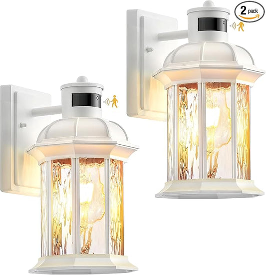 VIANIS 2-Pack Motion Sensor Outdoor Lights for House, White Garage Light Wall Mount Lantern, Modern Exterior LED Wall Lights Fixtures with Ripple Tempered Glass, Outside Wall Sconce Lamp for Porch-VerdiqueGarden