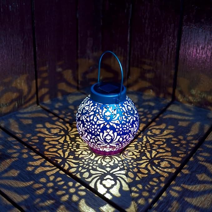 2 Pack Outdoor Solar Hanging Lantern Lights Metal LED Decorative Lamp for Garden Patio Courtyard Lawn and Table with Hollowed-Out Design (Royal Purple)-VerdiqueGarden