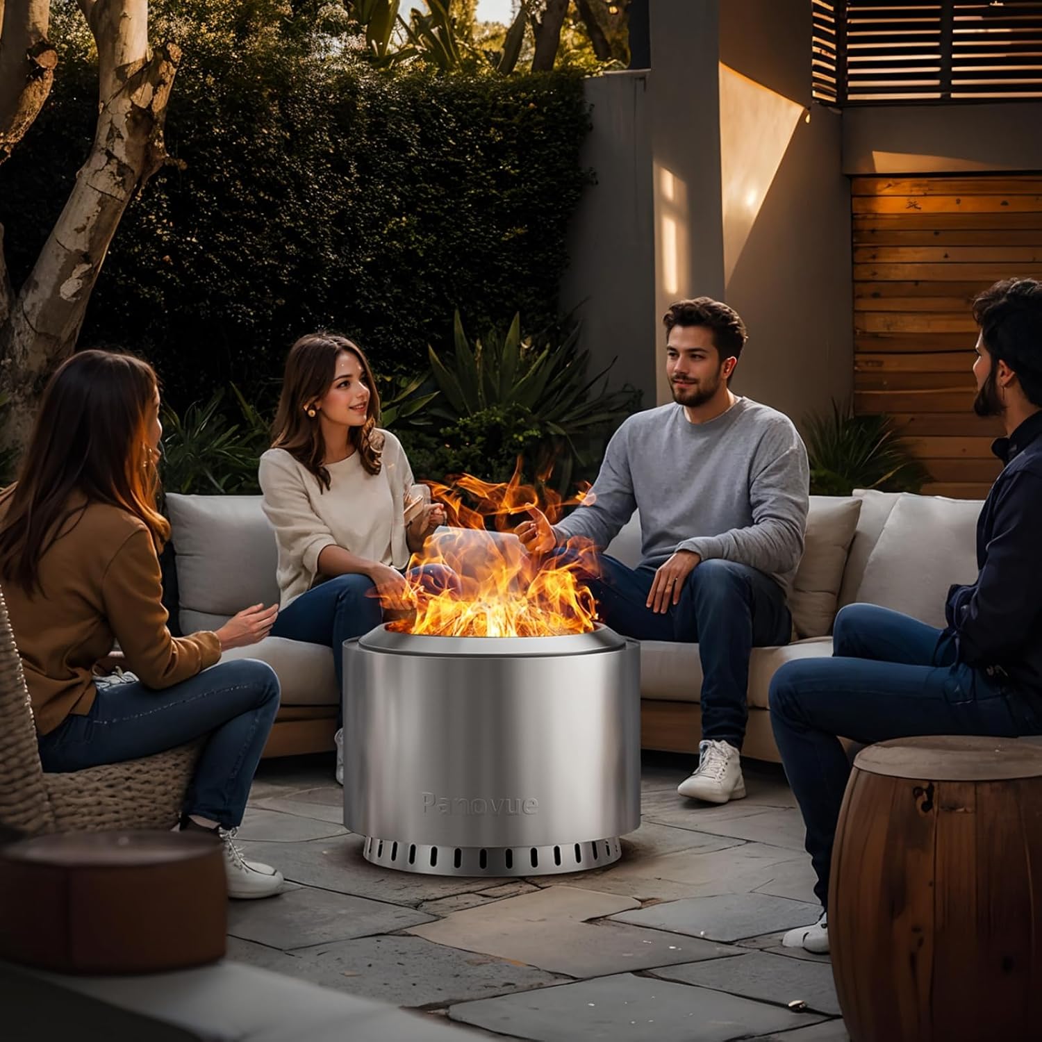 22 inch Smokeless Fire Pit with Waterproof Cover, Stainless Steel Outdoor Smokeless Firepit, Wood Burning Fire Pits for Camping, Bonfire,Low Smoke Firepit for Outside[Slivery]-VerdiqueGarden