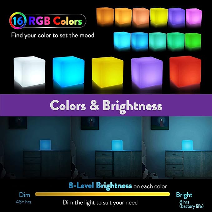 Mr.Go 4-inch Dimmable LED Night Light Mood Lamp for Kids and Adults - 16 RGB Colors - 8 Level Dimming - 4 Lighting Effect - Rechargeable - Remote Control - Decorative, Fun & Safe - White Finish Cube-VerdiqueGarden