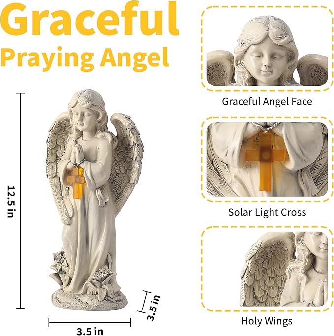 Angel Solar Garden Statues: 12.5” Cemetery Decorations for Grave Praying Angel Figurines for Outdoor Lawn Yard Patio Decor Memorial Gifts for Women-VerdiqueGarden