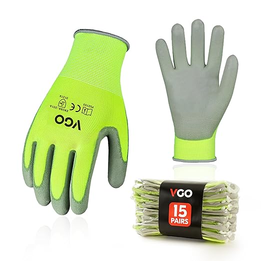 Vgo... 15-Pairs Safety Work Gloves, Gardening Gloves, Polyurethane Coated, Dipping Gloves, Latex Free (Size S, Yellow, PU2103)-VerdiqueGarden