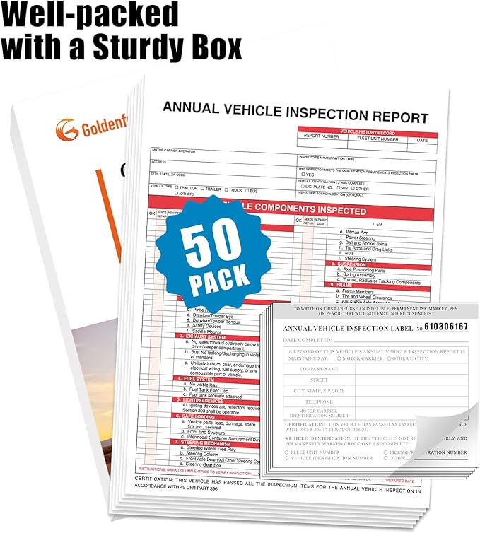 Goldenfox DOT Inspection Forms and Stickers. 50-Pack,3-Ply Carbonless Annual Vehicle Inspection Report (8.5" x 11.75") with 2-Ply Vinyl White Interior fmcsa Annual Inspection Sticker(5"x4")-VerdiqueGarden