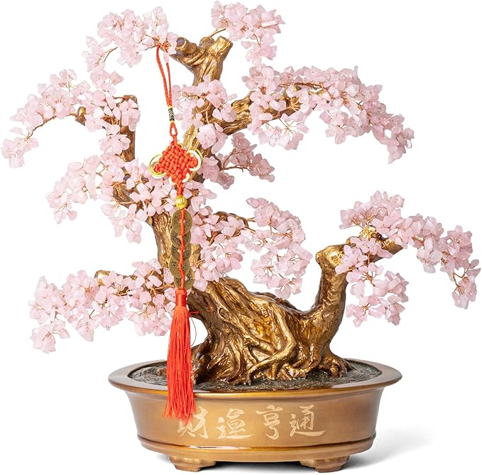 Natural Rose Quartz Gemstone Crystal Bonsai Tree of Life（1,350 Gemstone Count） Large Feng Shui Money Chakra Tree for Luck and Wealth Decoration 20 Inches-VerdiqueGarden
