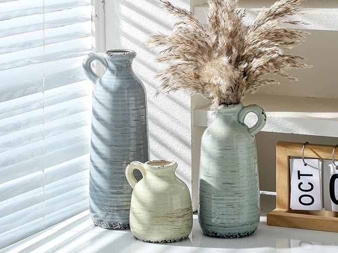 Ceramic Vase Set of 3 | Neutral Vase Home Decor with Handle | Pottery Modern Farmhouse Vases Pampas Grass Flower Vases for Home Decor Table Living Room Centerpieces Mantel Decor - Multicolor-VerdiqueGarden