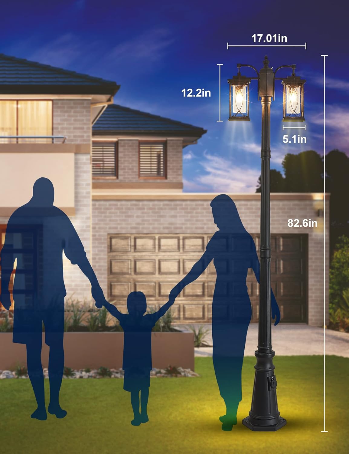 Dusk to Dawn Outdoor Lamp Post Light Modern 2-Head Street Pole Light Fixtures with Outlet, Waterproof Black Outside Street Light Electric Lantern for Backyard, Garden Patio Driveway-VerdiqueGarden