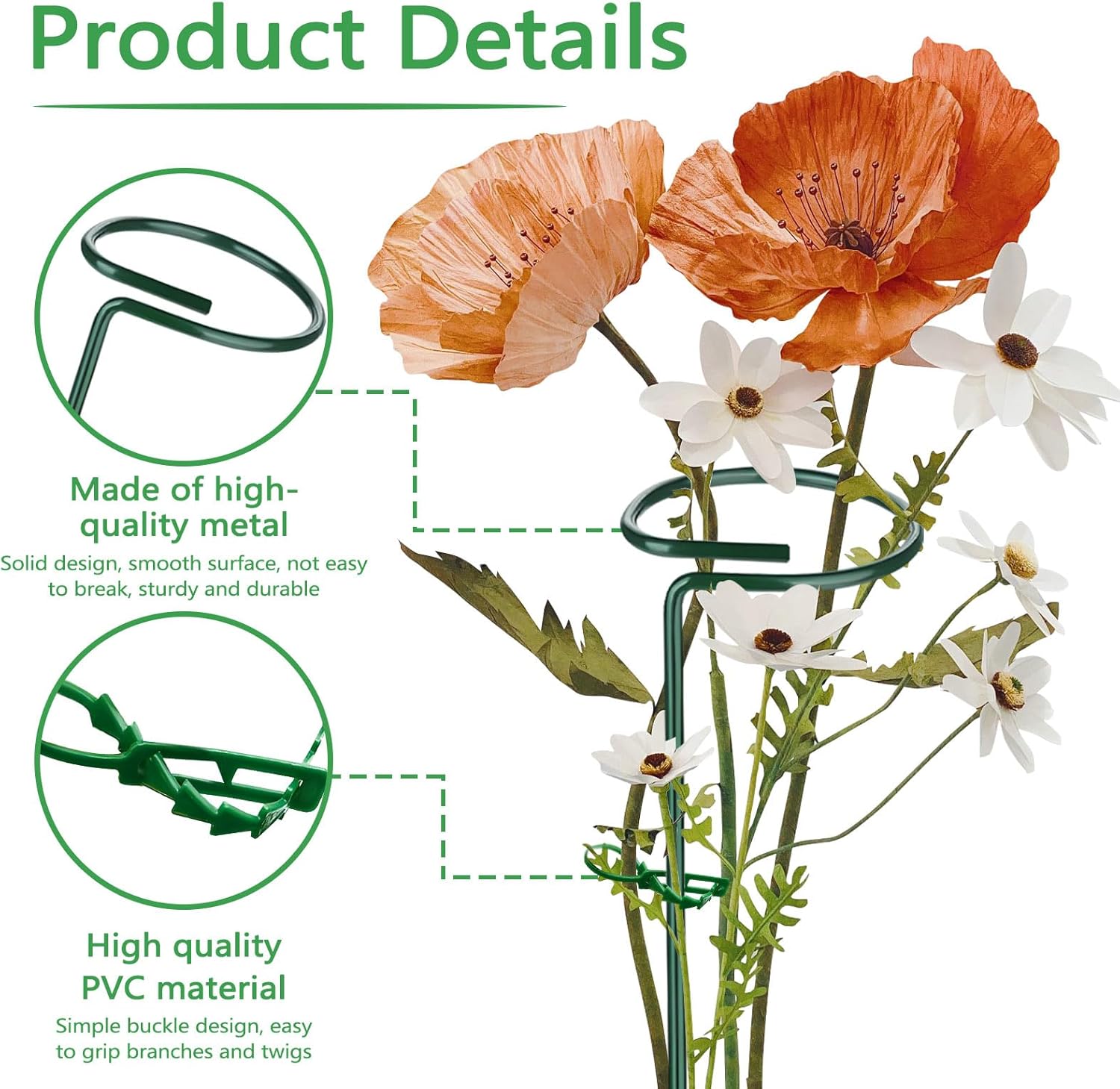 Huakaile 4 Packs Adjustable 23.6" Plant Stakes and Supports with 30 Pieces 9" Twist Ties, Green Plant Holder Stick Outdoor Indoor, Metal Flower Support Stakes Rings for Gardens Vegetables (60 cm)-VerdiqueGarden