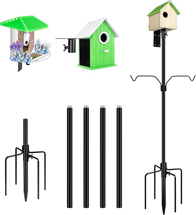 Bird Feeder Pole, 79 Inch Heavy Duty Bird House Pole Mount Kit for Outdoors, Adjustable Metal Bird Feeding Stand, with 2-Hooks, 5-Prong Base for Hanging Feeders, Black-VerdiqueGarden