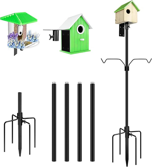 Bird Feeder Pole, 79 Inch Heavy Duty Bird House Pole Mount Kit for Outdoors, Adjustable Metal Bird Feeding Stand, with 2-Hooks, 5-Prong Base for Hanging Feeders, Black-VerdiqueGarden