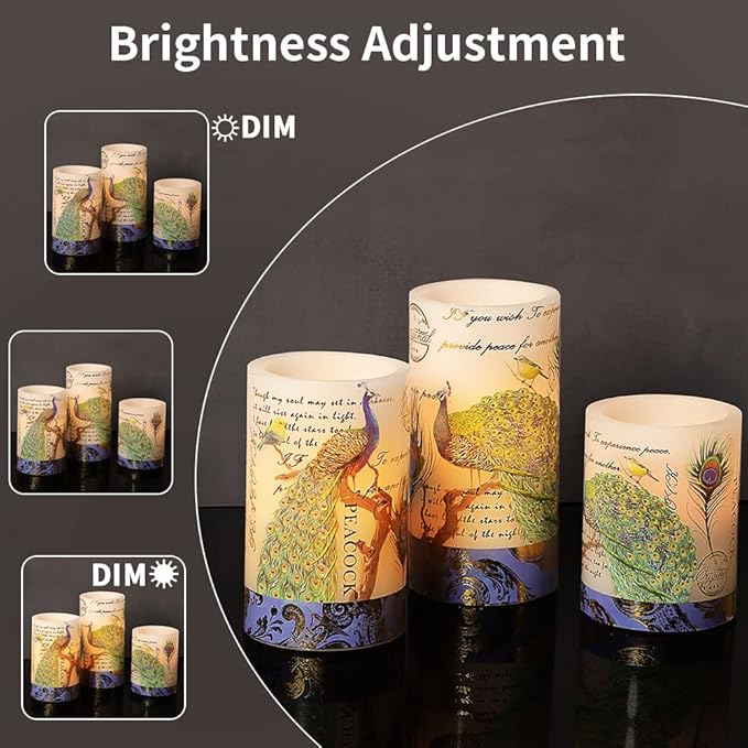 Flameless Peacock Battery Operated Candles With Remote - Flickering Pillar Real Wax LED Vintage Home Decor for Spring, Wedding, Mother's Day Gifts-VerdiqueGarden