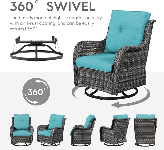Outdoor Swivel Rocker Wicker Chairs Set of 3, High Back Swivel Patio Chairs Wicker Furniture Set, 2 PCS Rattan Swivel Rocking Chair with Side Table, Turquoise-VerdiqueGarden
