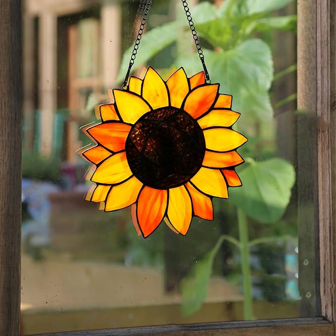 BOXCASA Sunflower Gifts Stained Glass Window Hangings,Sunflower Suncatcher Best Teacher Gifts for Women,Sunflower Decor Suncatcher for Window,Home Decor,Gift for Teacher Mother Grandma-VerdiqueGarden