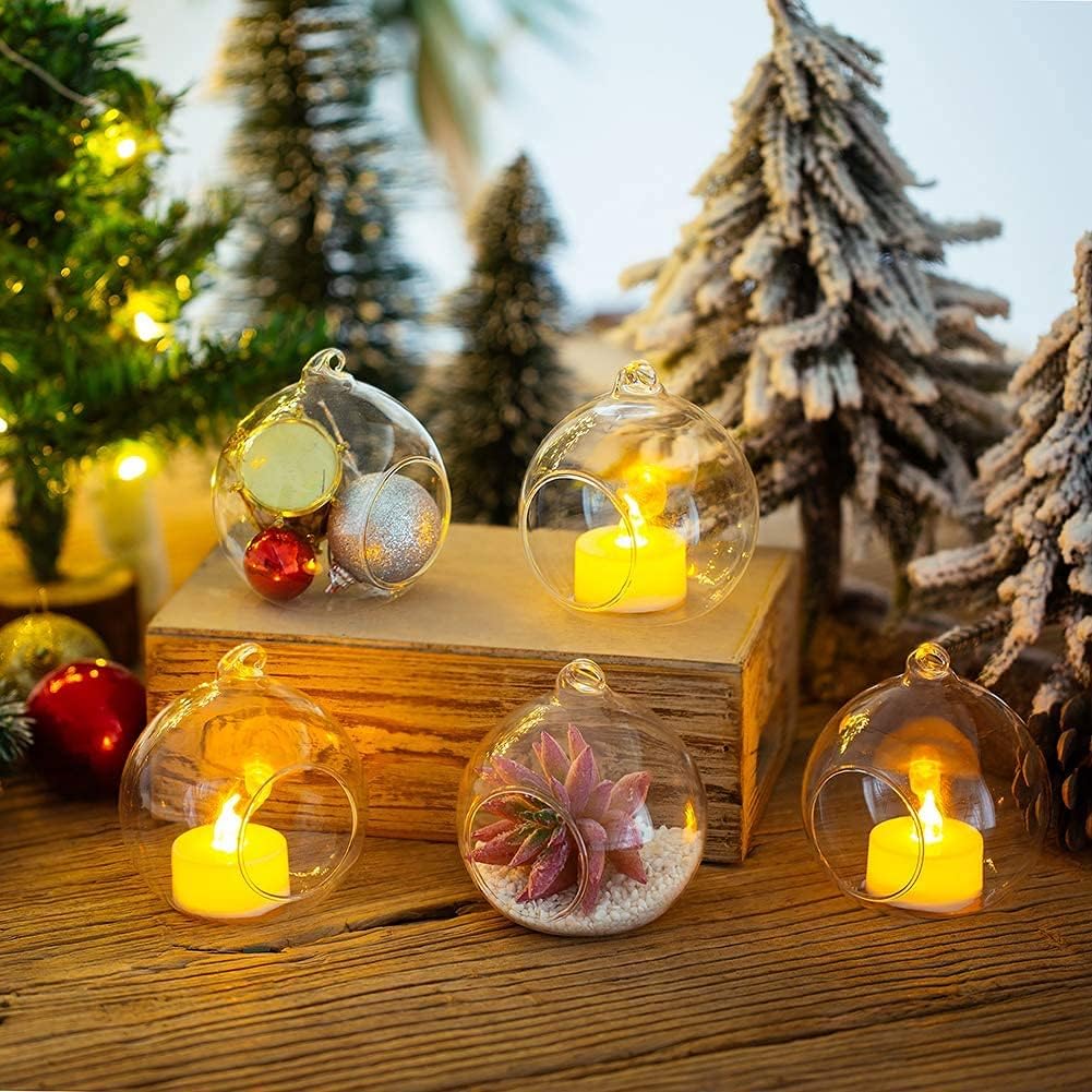 Sziqiqi Hanging Glass Globes Orbs Tea Light Candle Holders with Flameless LED Tealight for Wedding Ornaments Wedding Birthday Christmas Party Centerpiece Accessory 3.15in 100pcs-VerdiqueGarden