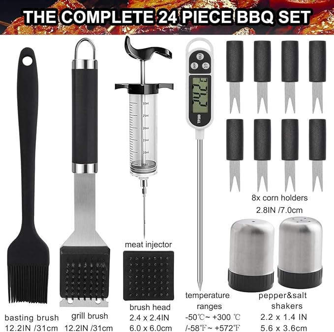 Grilljoy 24PCS BBQ Grill Tools Set with Meat Thermometer and Injector - Extra Thick Stainless Steel Fork, Spatula& Tongs - Complete BBQ Accessories in Aluminum Case - Perfect Grill Gifts for Men-VerdiqueGarden