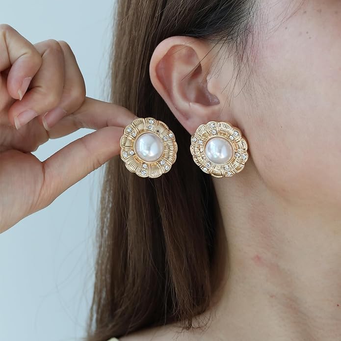 Statement Chunky Gold Earrings for Women,Crystal Rhinestone Accents Large Stud with Stone and Pearl