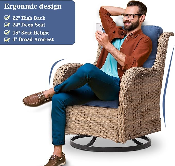 Wicker Outdoor Furniture Patio Furniture Set - 6 Piece Patio Conversation Set with Swivel Rocker Chairs, Rattan Sofa, Ottomans and Coffee Table, Blue Cushion-VerdiqueGarden