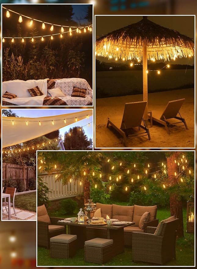 Ollny Outdoor String Lights 120FT with 60+2 Spare ST38 Vintage Bulbs, Shatterproof Connectable Patio Lights, 2200K Warm White Waterproof Outside Hanging Light for Yard Camping Gazebo Porch Balcony-VerdiqueGarden