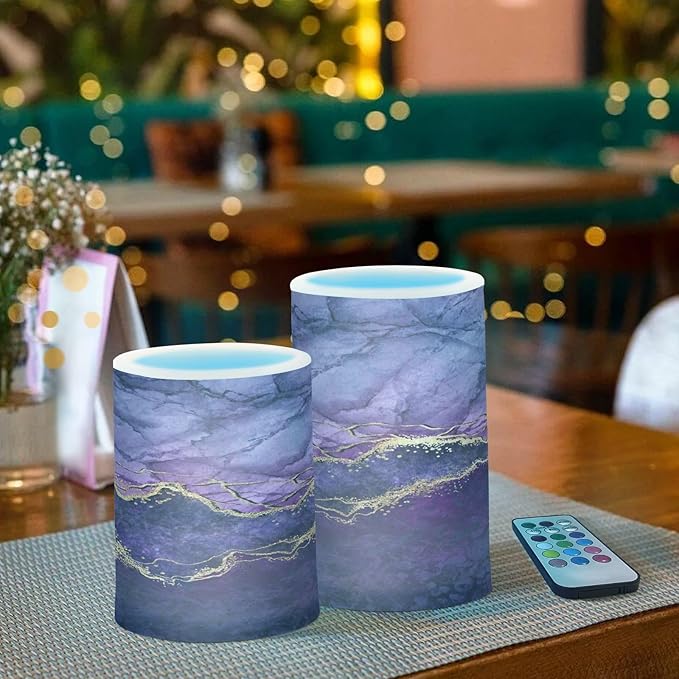 Flickering Flameless Candles, Purple Marble with Golden Veins LED Candles with Remote Timer, Set of 2 Battery Operated Candle for Valentine Wedding Birthday-VerdiqueGarden