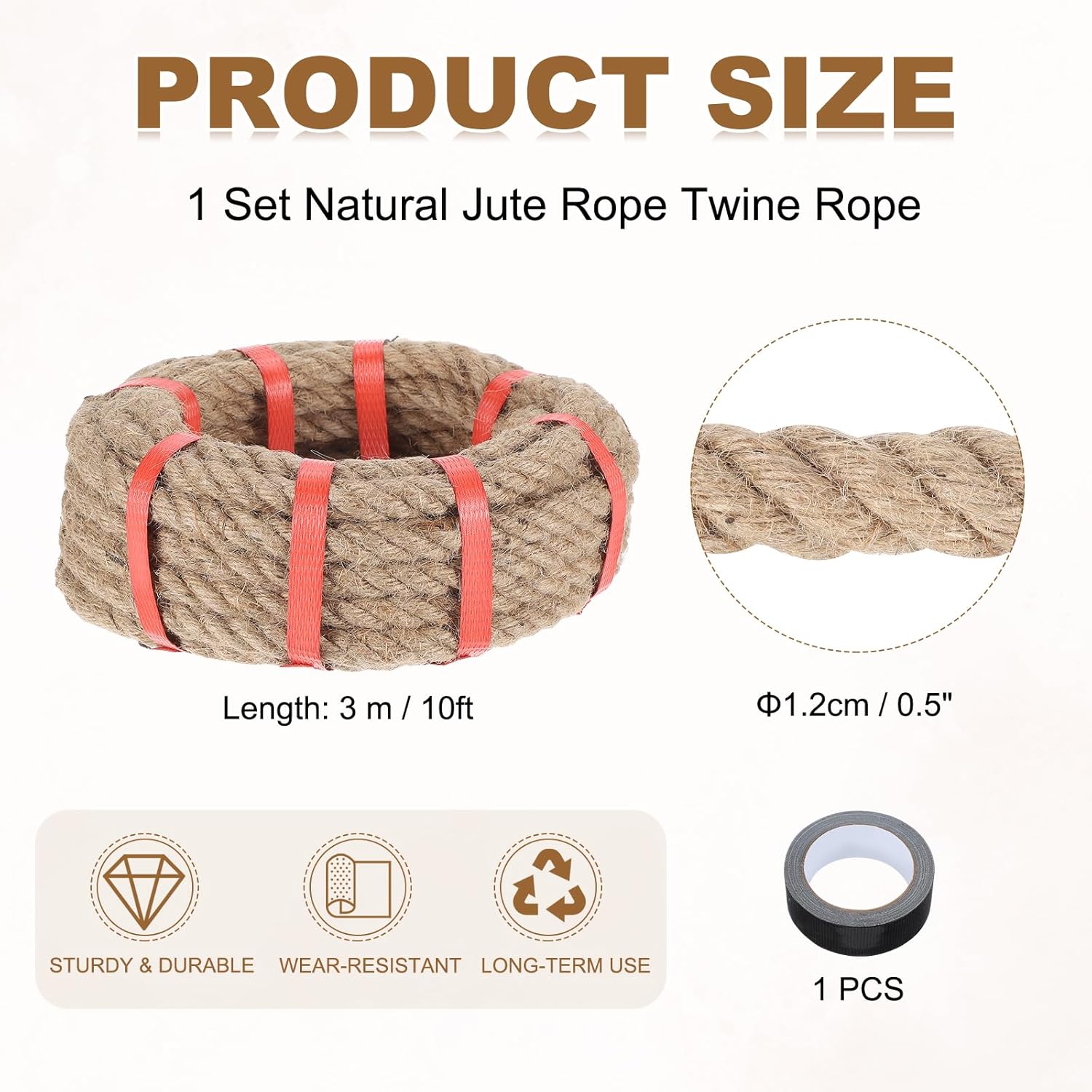 MECCANIXITY Jute Rope 0.5 Inch x 10ft, Thick Twine Rope Ropes Braided Jute Twine Natural Brown Burlap Cord String Heavy Twisted with Tape for Decorative Crafts Railing Swing Tug of War-VerdiqueGarden