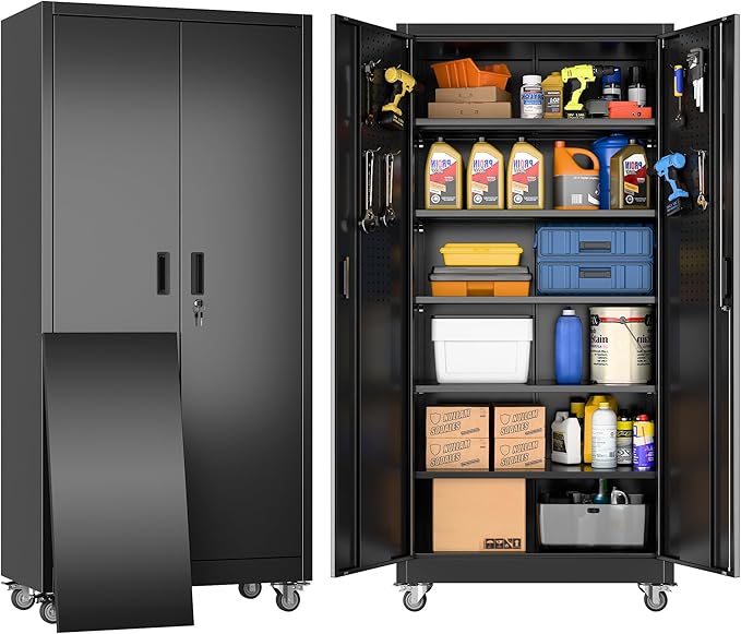Garage Storage Cabinet with Wheels & Pegboard, 71" H×34" W×18" D Locking Metal Storage Cabinet with 2 Doors and 5 Adjustable Shelves for Garage Workshop Home, Black, Assembly Required-VerdiqueGarden
