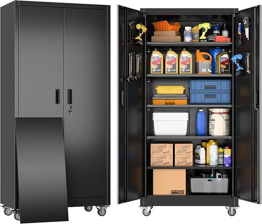 Garage Storage Cabinet with Wheels & Pegboard, 71" H×34" W×18" D Locking Metal Storage Cabinet with 2 Doors and 5 Adjustable Shelves for Garage Workshop Home, Black, Assembly Required-VerdiqueGarden