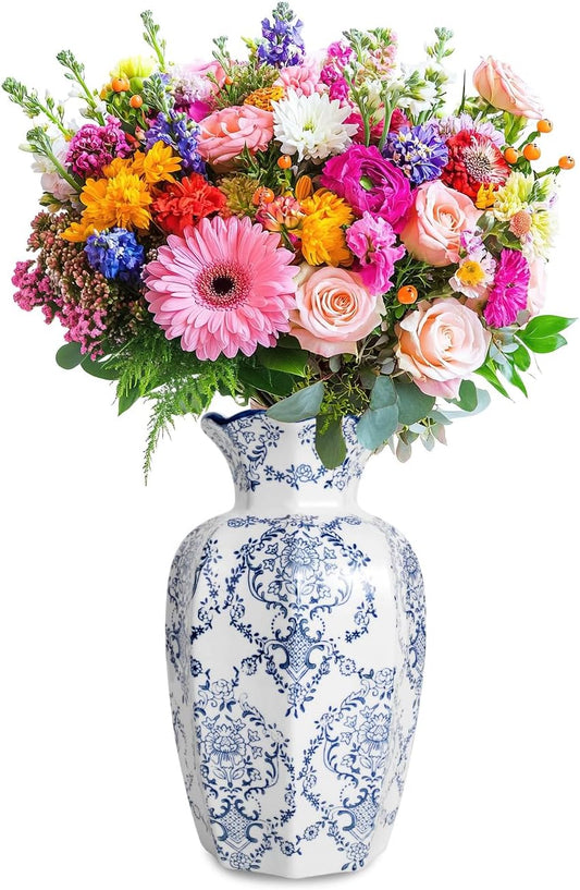 Chinoiserie Vase,Blue and White Vase,Vintage Ceramic Vases,Flower Vase for Centerpiece,Chinese Cute Vases for Living Room, Office,Home Decor (Blue White, Large)-VerdiqueGarden
