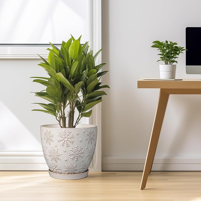 10 Inch Ceramic Planter Pot Large Plant Pot for Indoor Plants Outdoor Round Flower Pot with Drainage Hole and Saucer for Home Garden Decor White-VerdiqueGarden