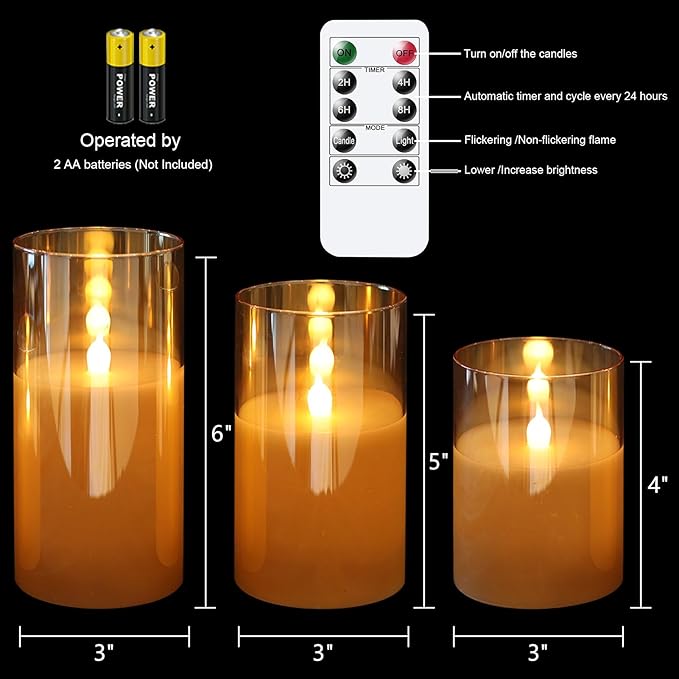 Glass LED Flickering Candles with Remote Timer, Flamless Pillar Candles Real Wax with 3D Wick Realistic, Home Decoration for Wedding Home Festival-VerdiqueGarden