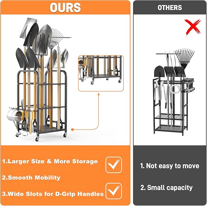 TORACK Garden Tool Organizer Stand with Wheels, Rakes Shovels Yard Tools Stand for Garage, Shed, Garden, Indoor/Outdoor Long-Handled Tools Cart-VerdiqueGarden