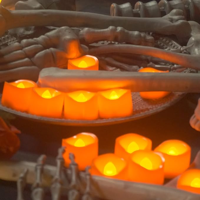 CANDLE CHOICE Battery Operated Flameless Tea Lights Orange Flickering LED Electric Fake Votive Tealight Candles Halloween Pumpkin Thanksgiving Christmas Decorations Centerpieces 24 Pack Batteries Incl-VerdiqueGarden