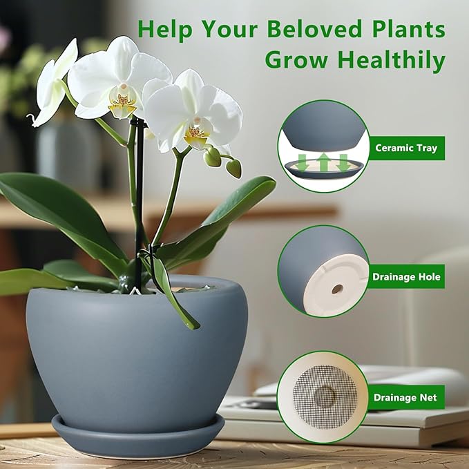 10 Inch Plant Pot - Ceramic Planter for Indoor Plants Large Plant Pot with Drainage Hole and Saucer Round Outdoor Planter Modern Flower Pot for Home Decor Gray-VerdiqueGarden