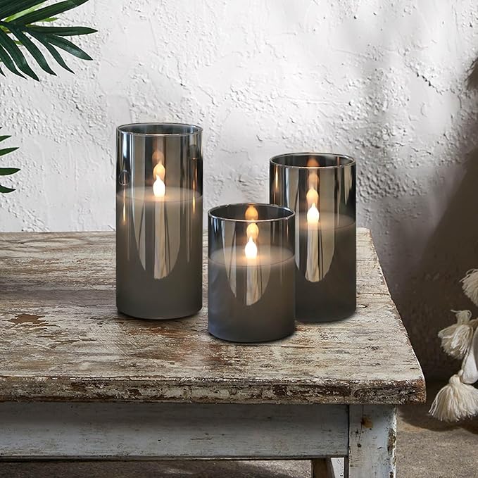 LED Flickering Candles with Remote Timer,Glass Flamless Pillar Candles Real Wax with 3D Wick Realistic,Warmth Decoration for Wedding Home Festival (Grey)-VerdiqueGarden
