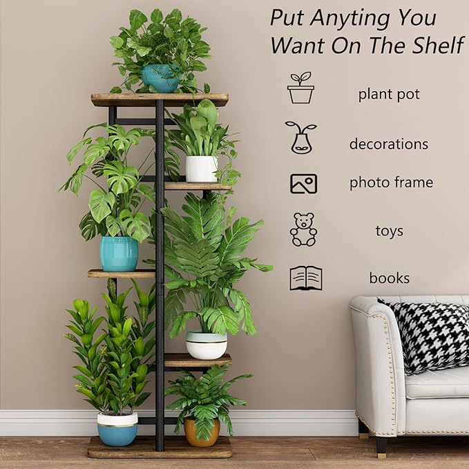 LINZINAR Plant Stand 5 Tier 6 Plant Multiple Flower Rack Holder Shelves Rack Storage Organizer Display Indoor Planter for Balcony Bedroom Patio Garden Living Room, Black-VerdiqueGarden